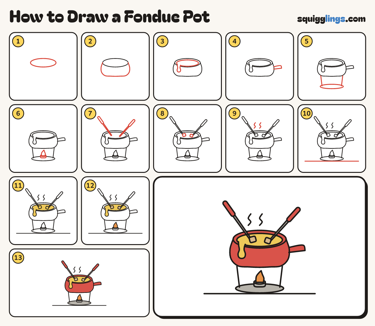 How to Draw a Fondue Pot step by step: all 13 steps in one picture