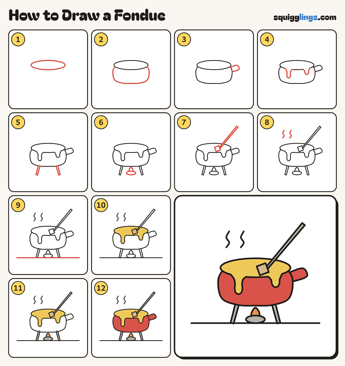How to Draw a Fondue step by step: all 12 steps in one picture
