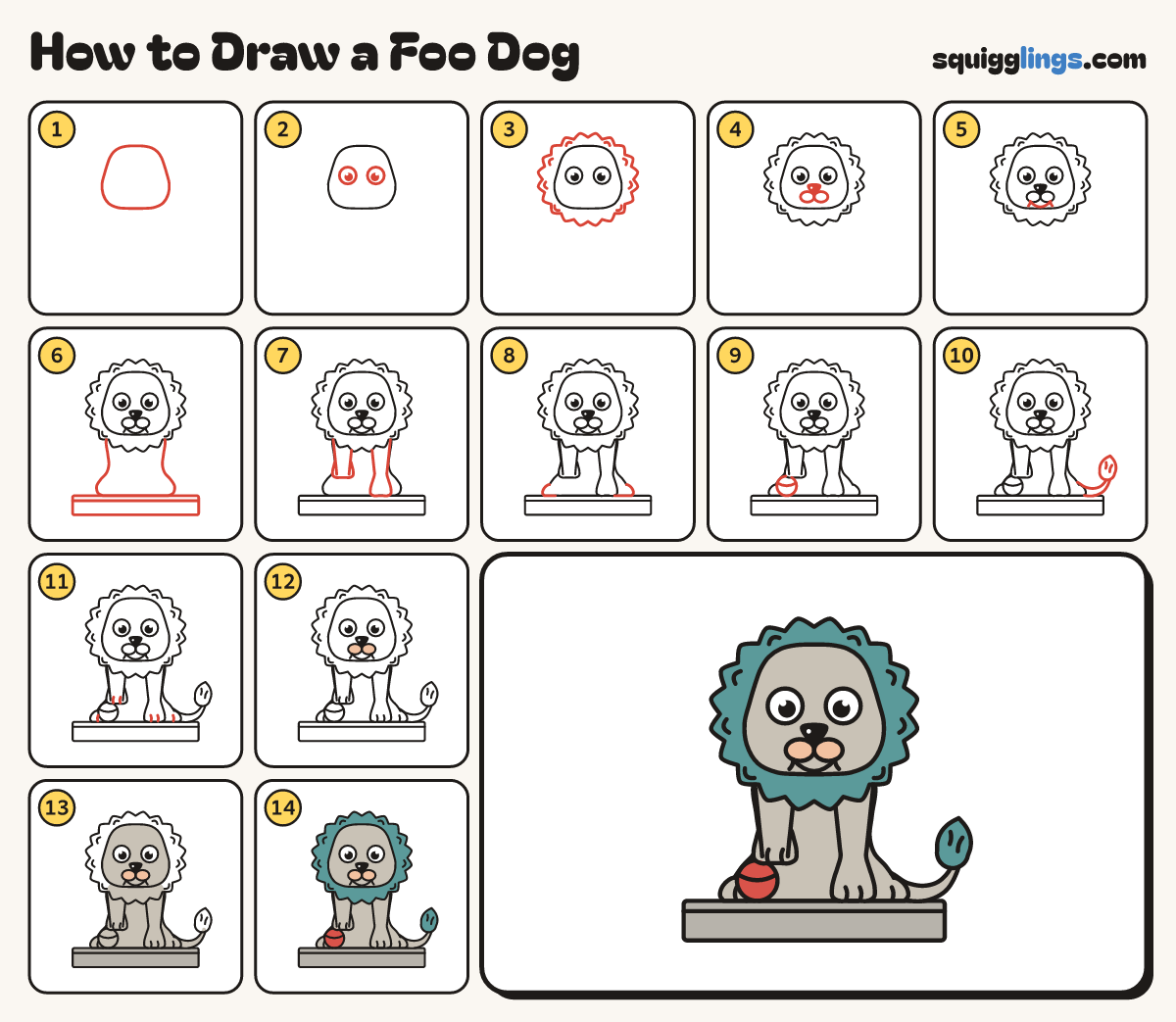 How to Draw a Foo Dog step by step: all 14 steps in one picture