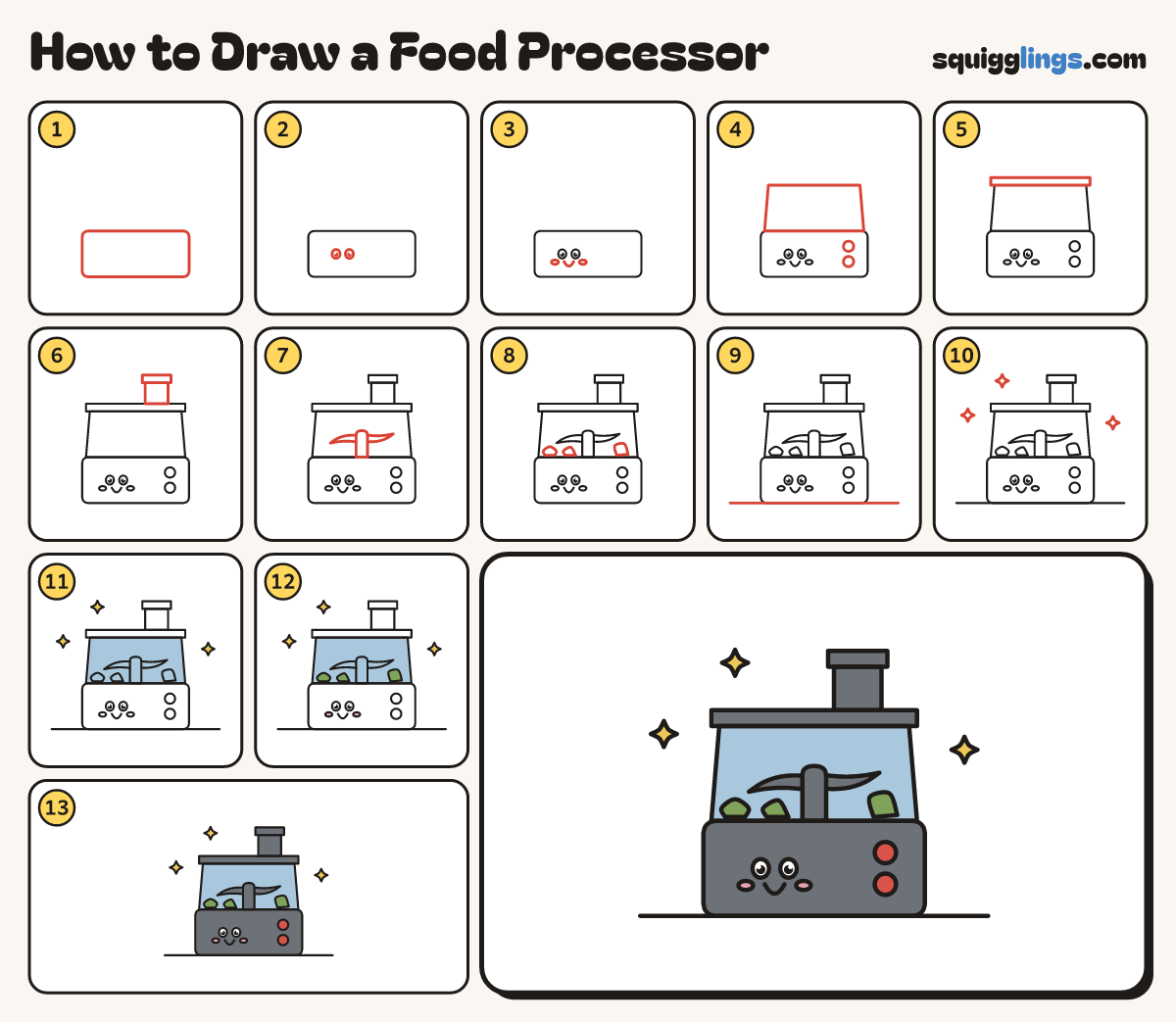 How to Draw a Food Processor step by step: all 13 steps in one picture