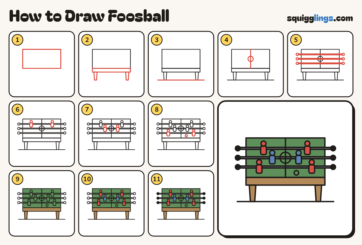 How to Draw Foosball step by step: all 11 steps in one picture