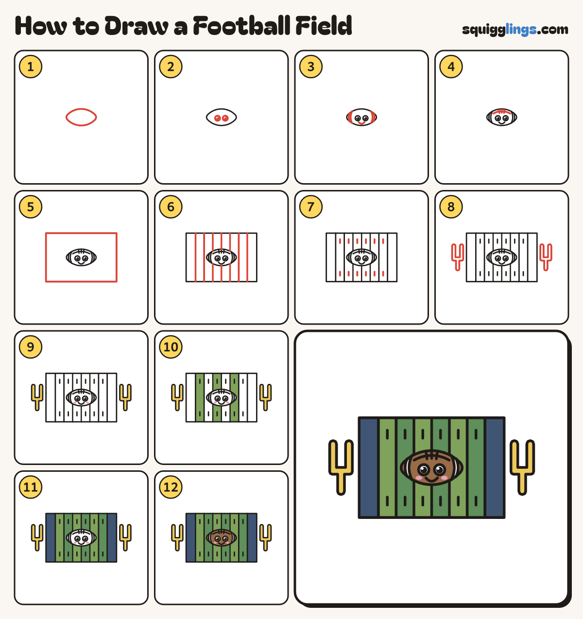 How to Draw a Football Field step by step: all 12 steps in one picture
