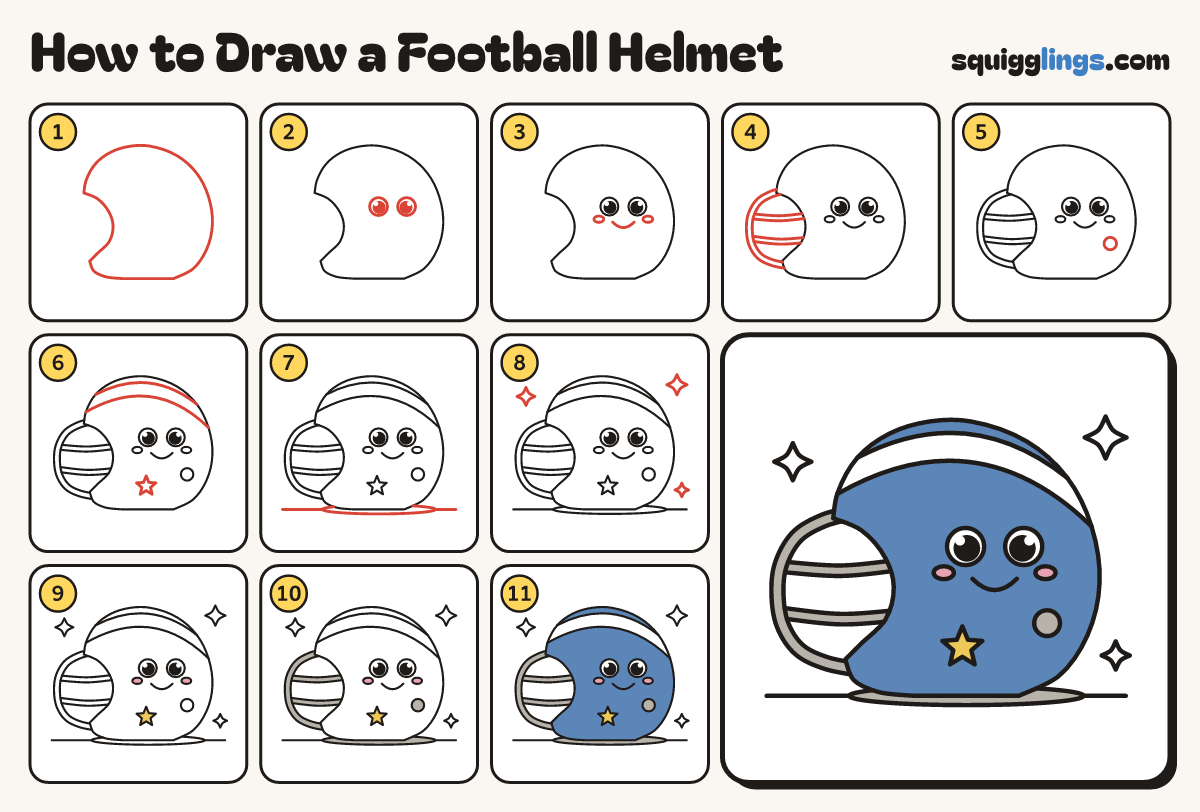 How to Draw a Football Helmet step by step: all 11 steps in one picture