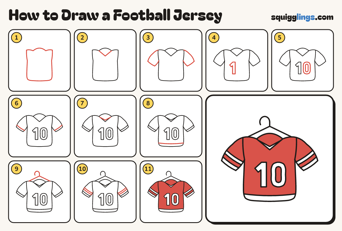 How to Draw a Football Jersey step by step: all 11 steps in one picture