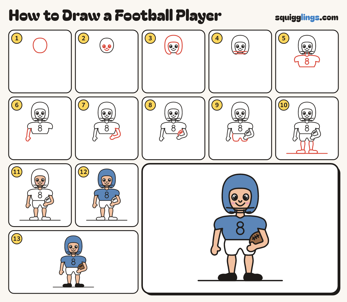 How to Draw a Football Player step by step: all 13 steps in one picture