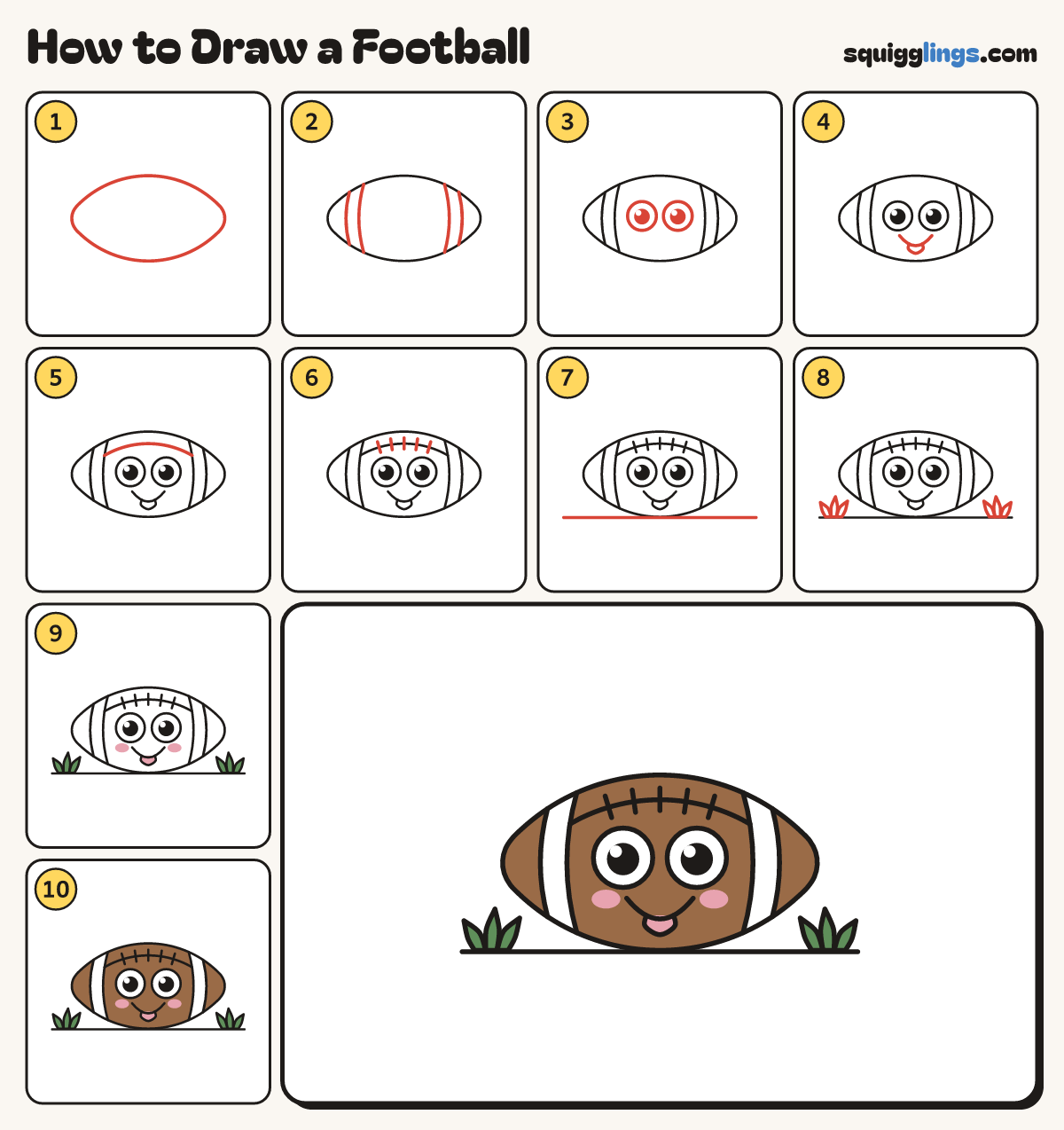 How to Draw a Football step by step: all 10 steps in one picture