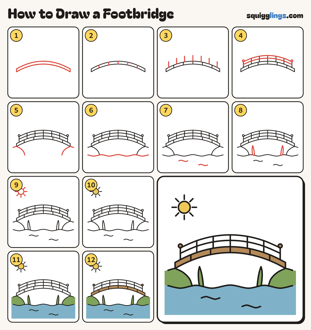 How to Draw a Footbridge step by step: all 12 steps in one picture