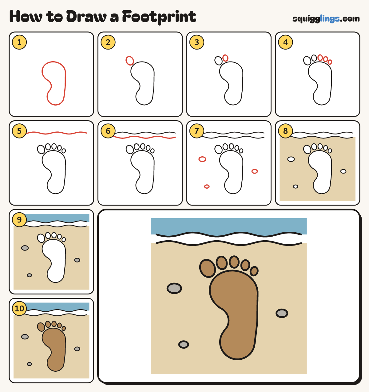 How to Draw a Footprint step by step: all 10 steps in one picture