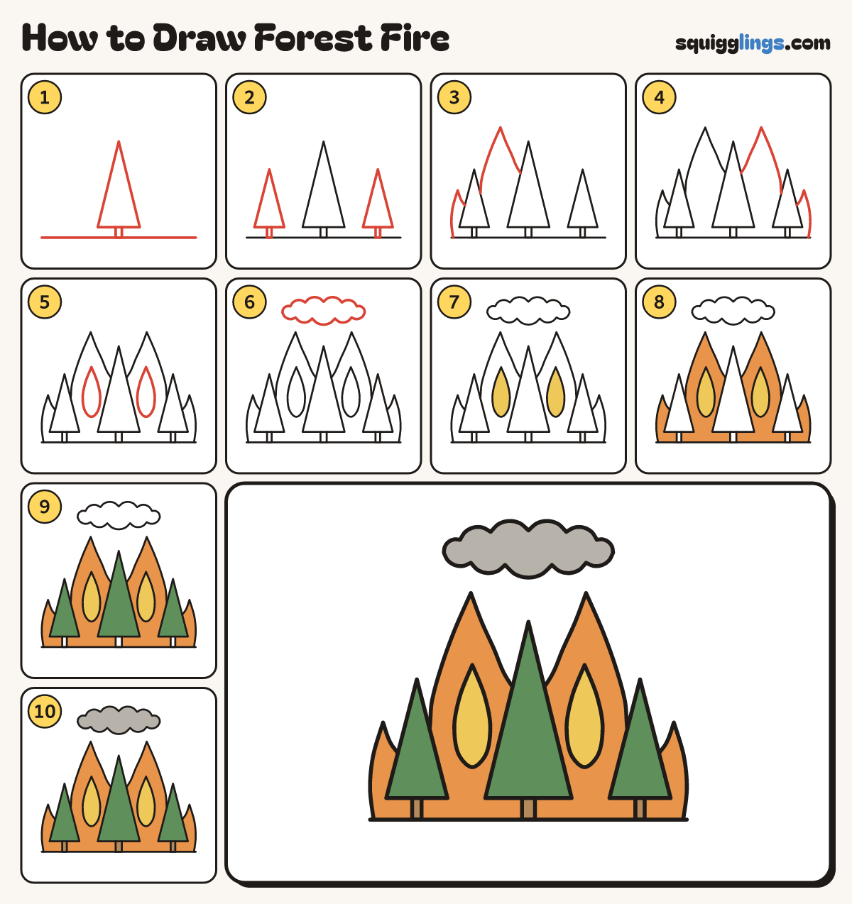 How to Draw Forest Fire step by step: all 10 steps in one picture