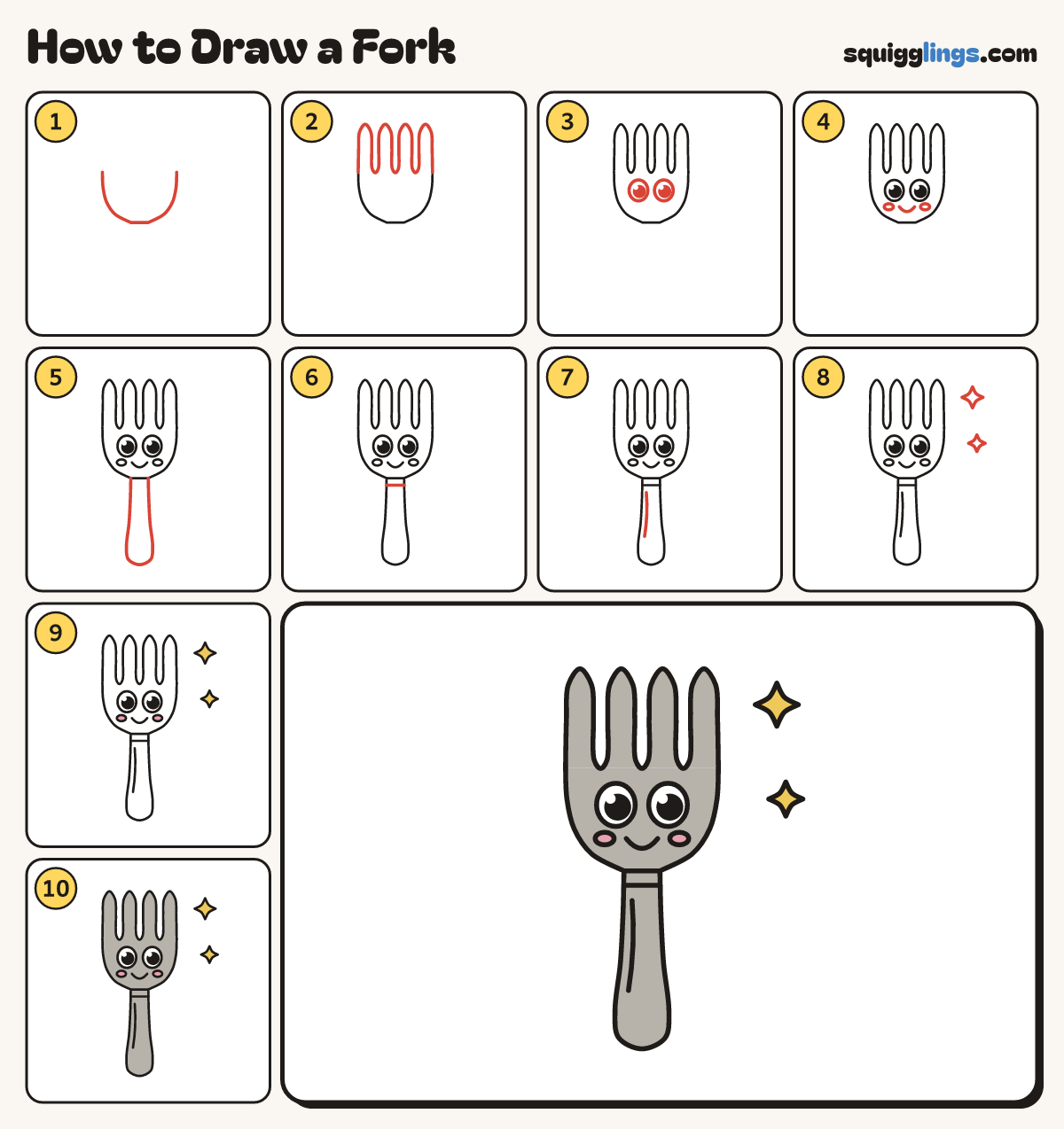 How to Draw a Fork step by step: all 10 steps in one picture