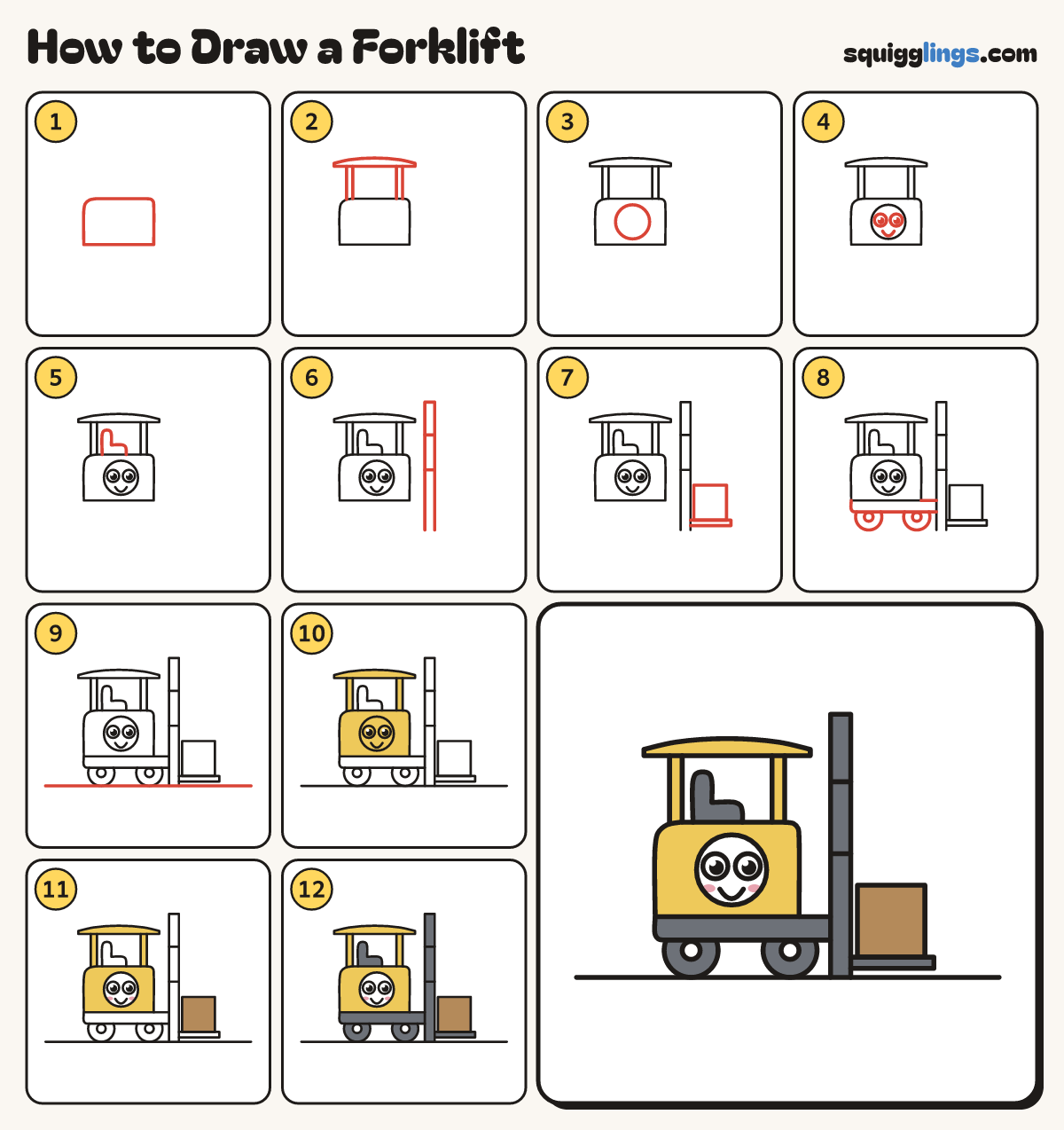 How to Draw a Forklift step by step: all 12 steps in one picture
