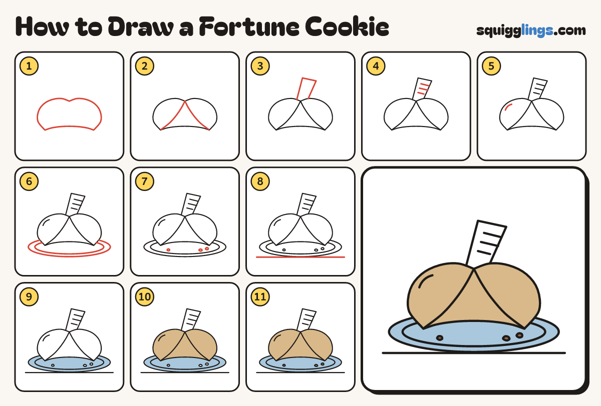 How to Draw a Fortune Cookie step by step: all 11 steps in one picture