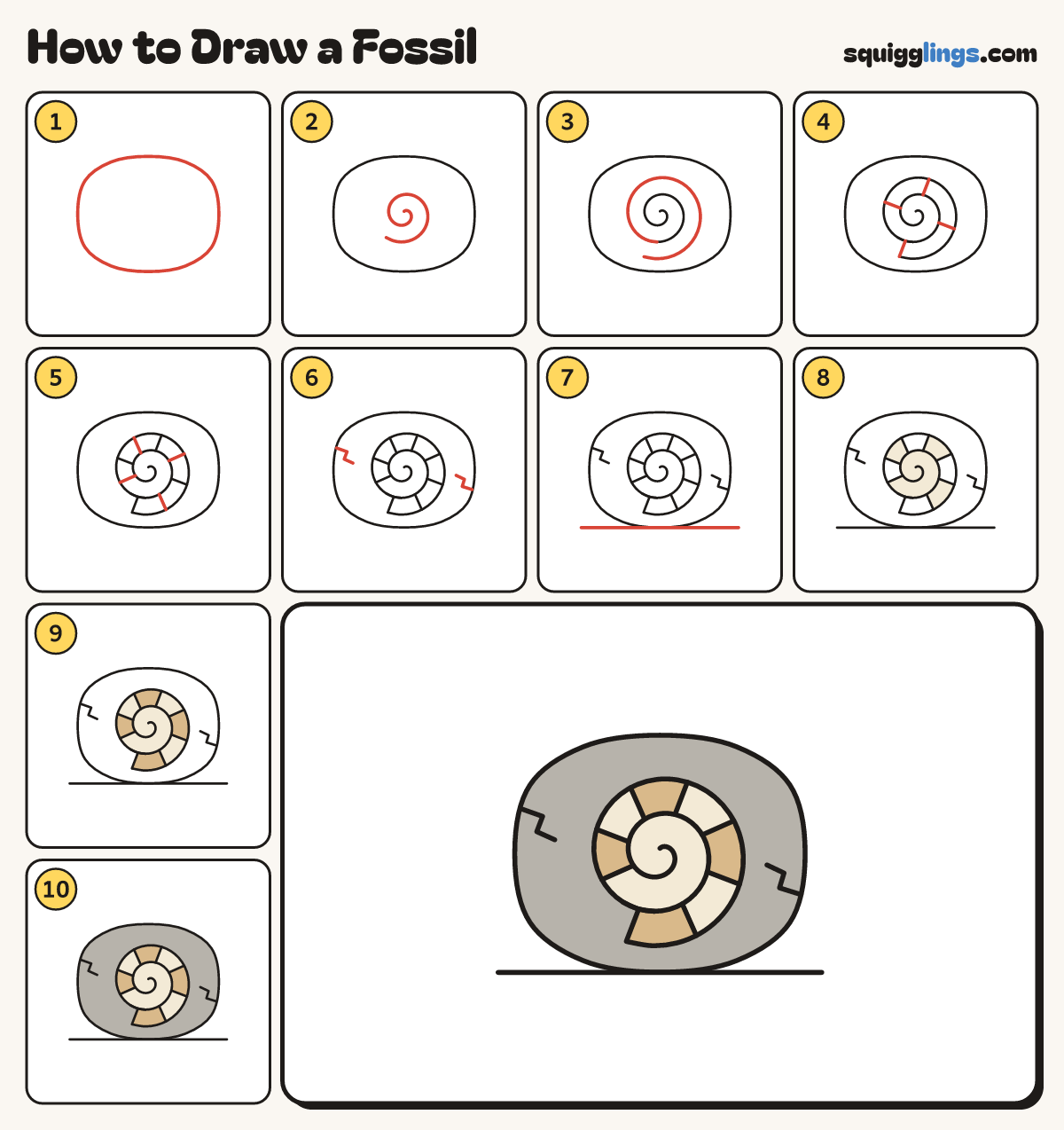 How to Draw a Fossil step by step: all 10 steps in one picture