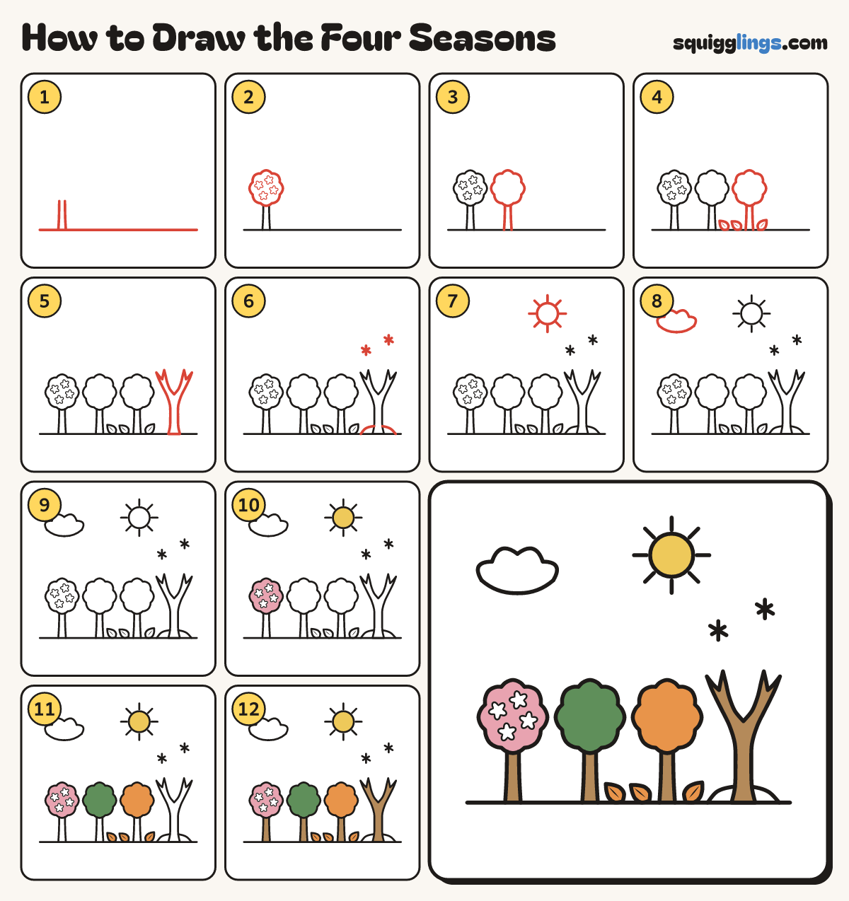 How to Draw the Four Seasons step by step: all 12 steps in one picture