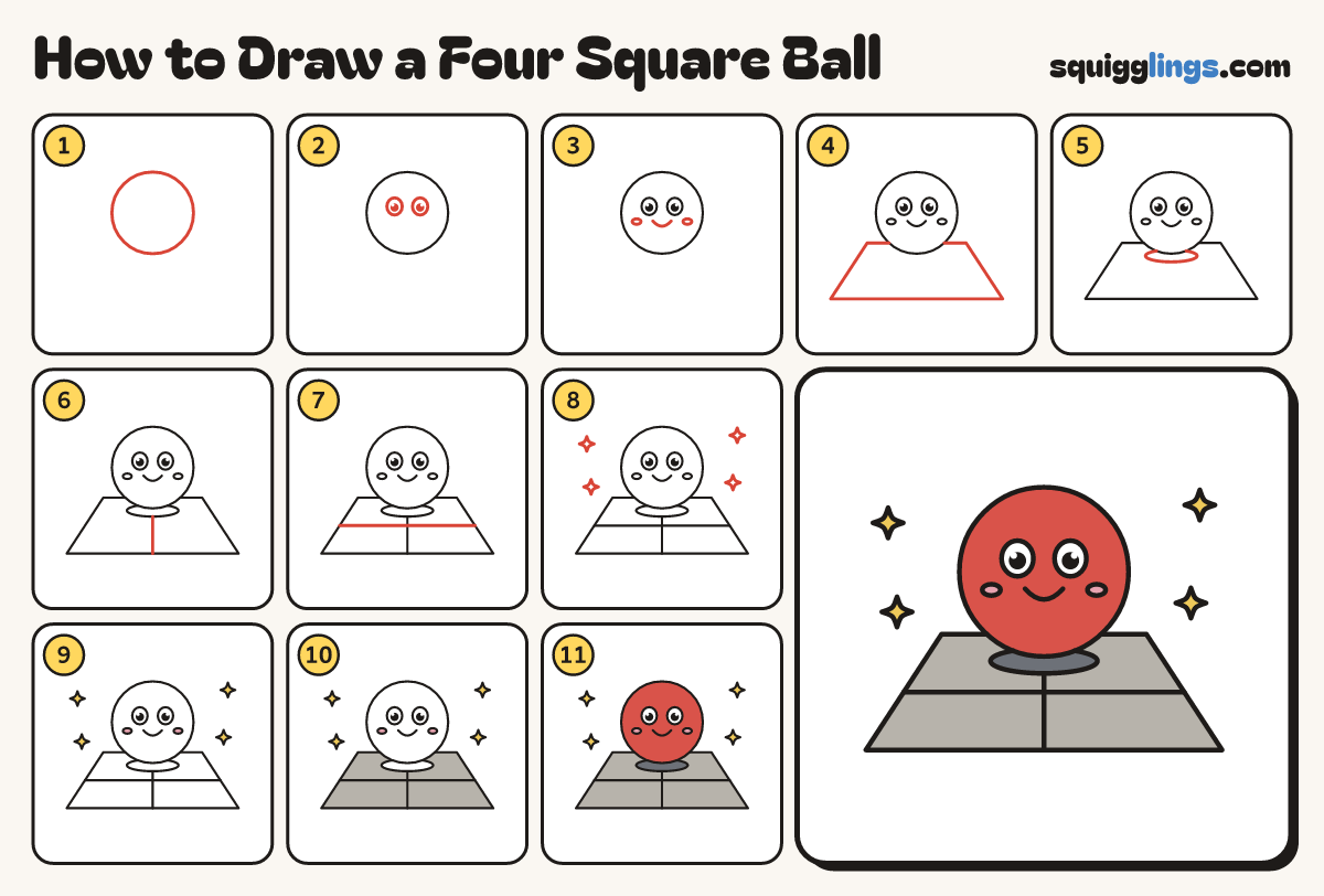 How to Draw a Four Square Ball step by step: all 11 steps in one picture