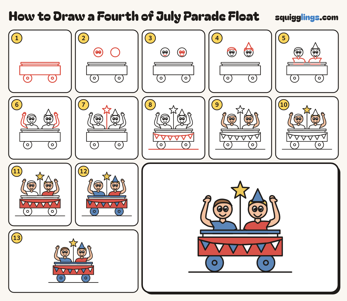 How to Draw a Fourth of July Parade Float step by step: all 13 steps in one picture