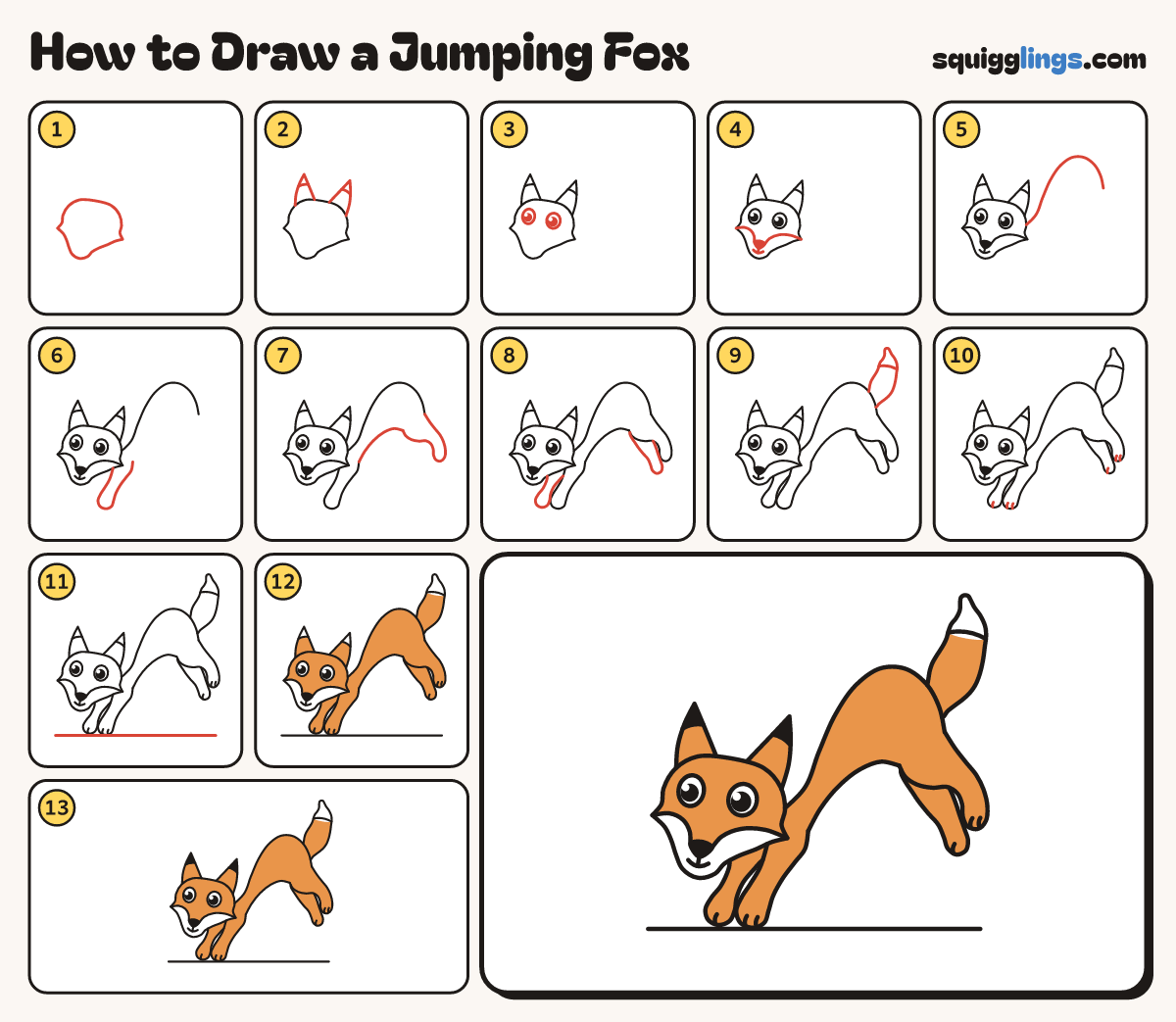 How to Draw a Jumping Fox step by step: all 13 steps in one picture