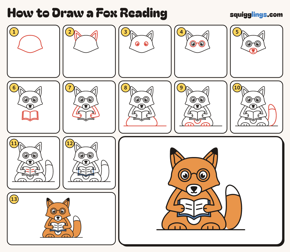 How to Draw a Fox Reading step by step: all 13 steps in one picture