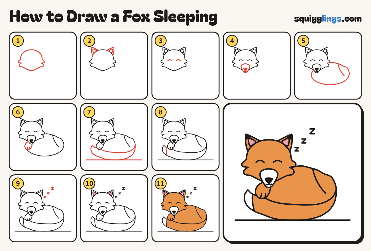 How to Draw a Fox Sleeping step by step: all 11 steps in one picture