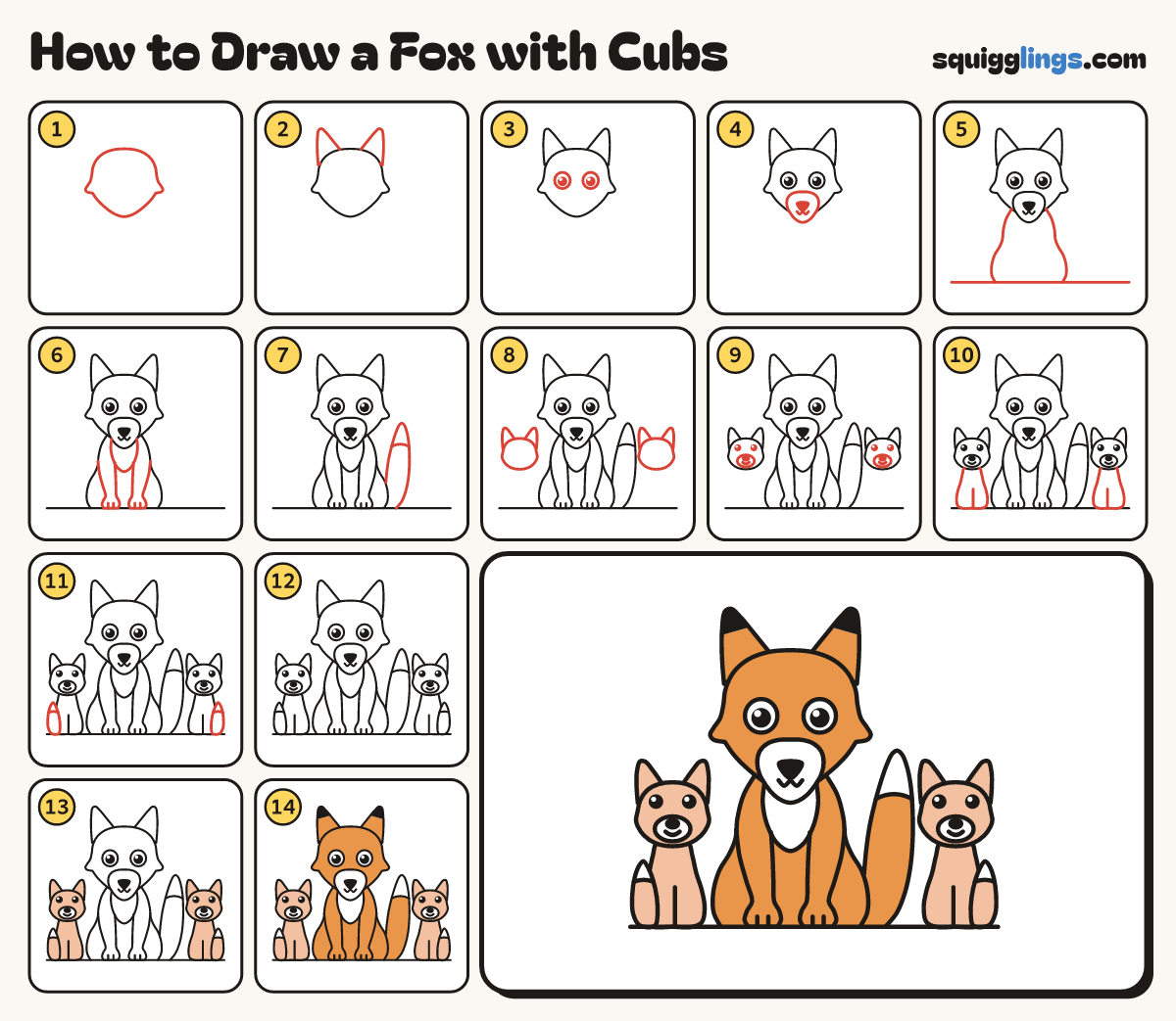 How to Draw a Fox with Cubs step by step: all 14 steps in one picture