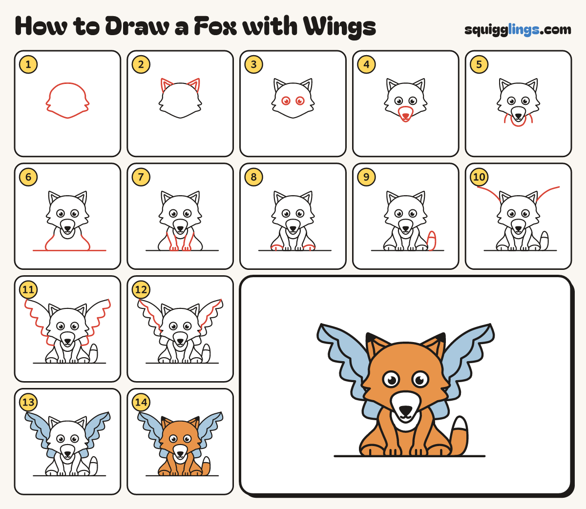 How to Draw a Fox with Wings step by step: all 14 steps in one picture