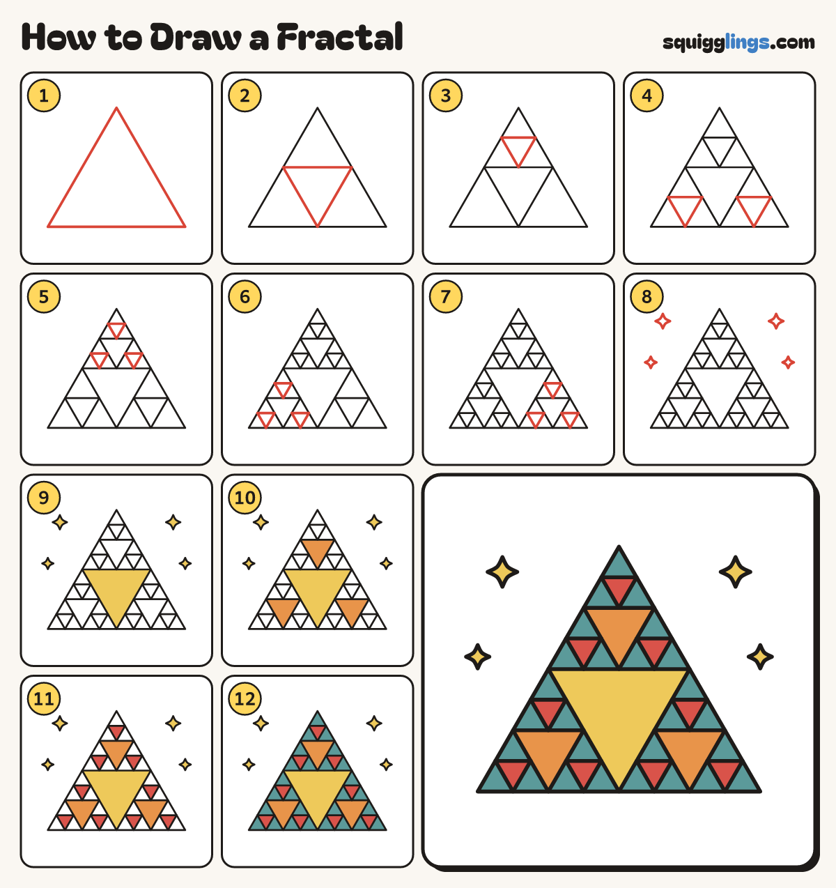 How to Draw a Fractal step by step: all 12 steps in one picture