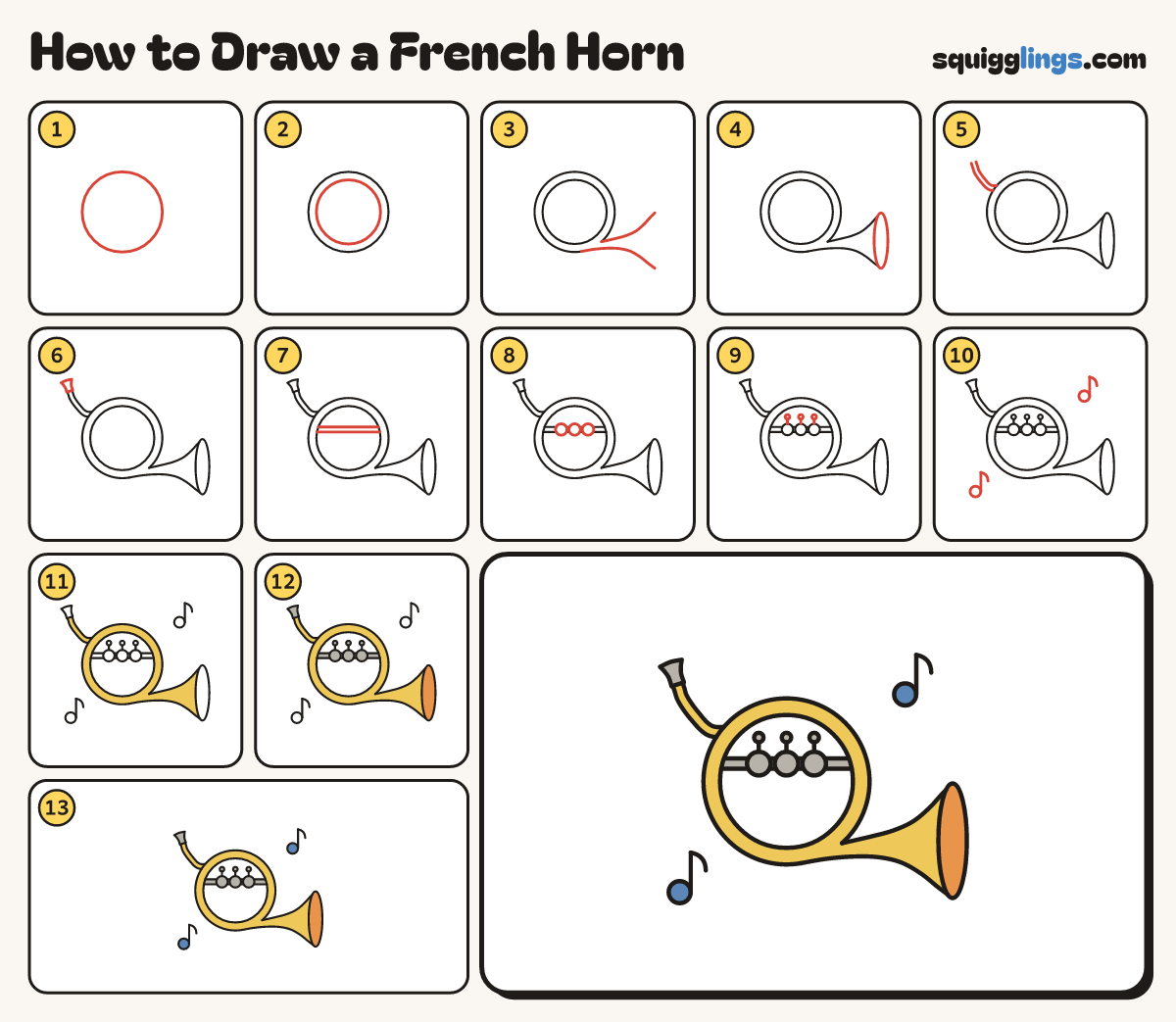 How to Draw a French Horn step by step: all 13 steps in one picture