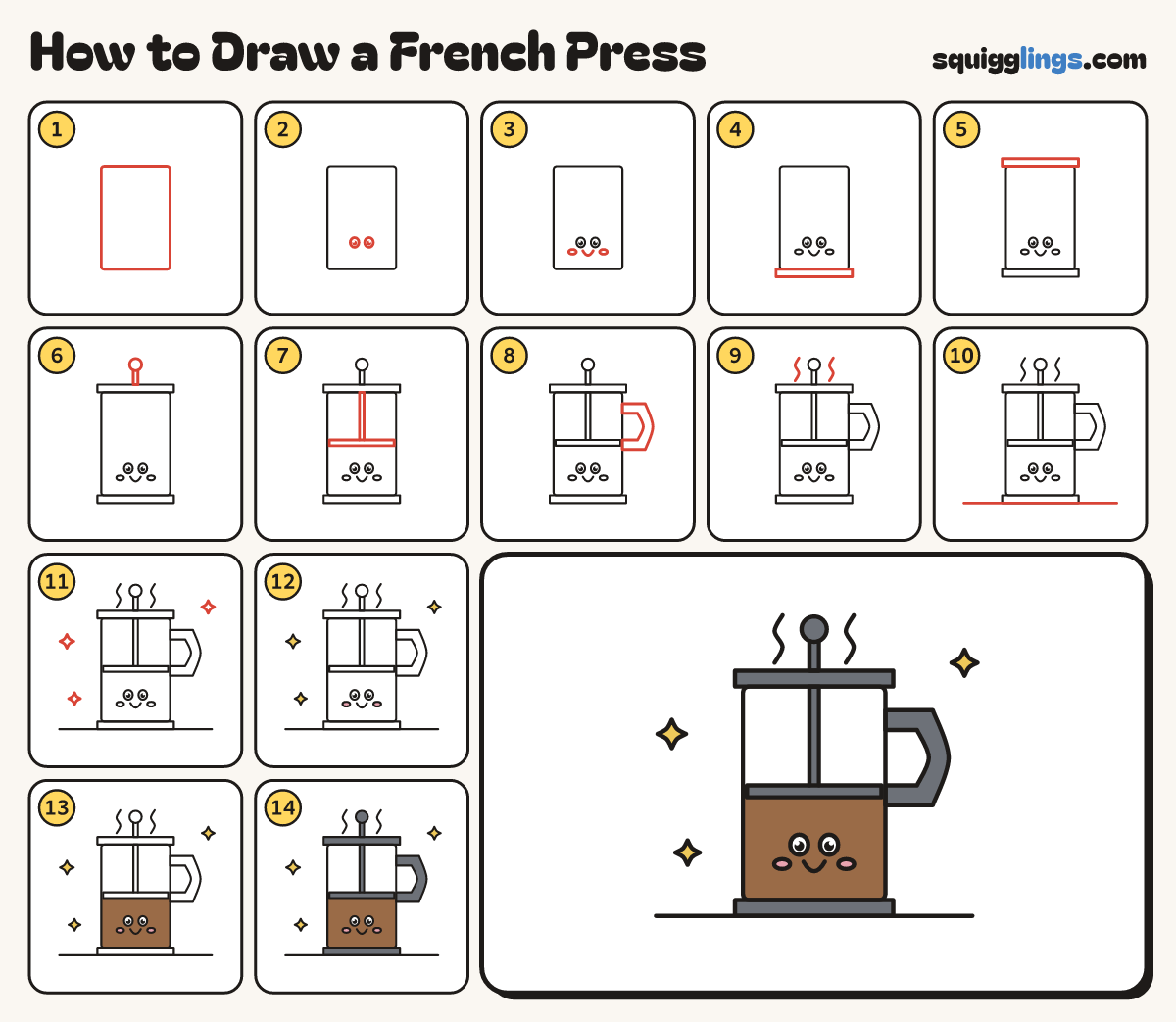 How to Draw a French Press step by step: all 14 steps in one picture