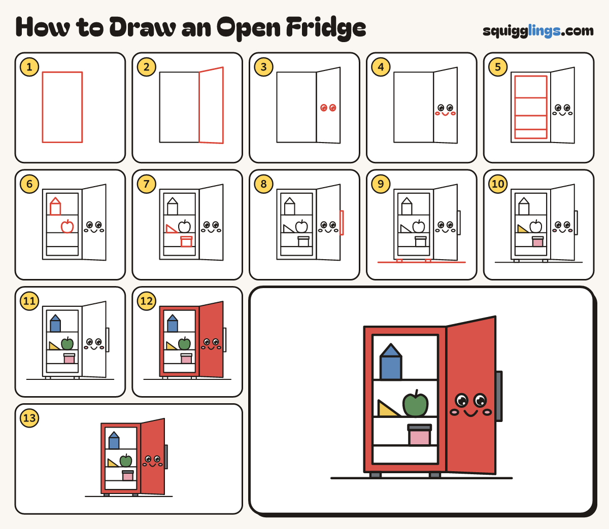 How to Draw an Open Fridge step by step: all 13 steps in one picture