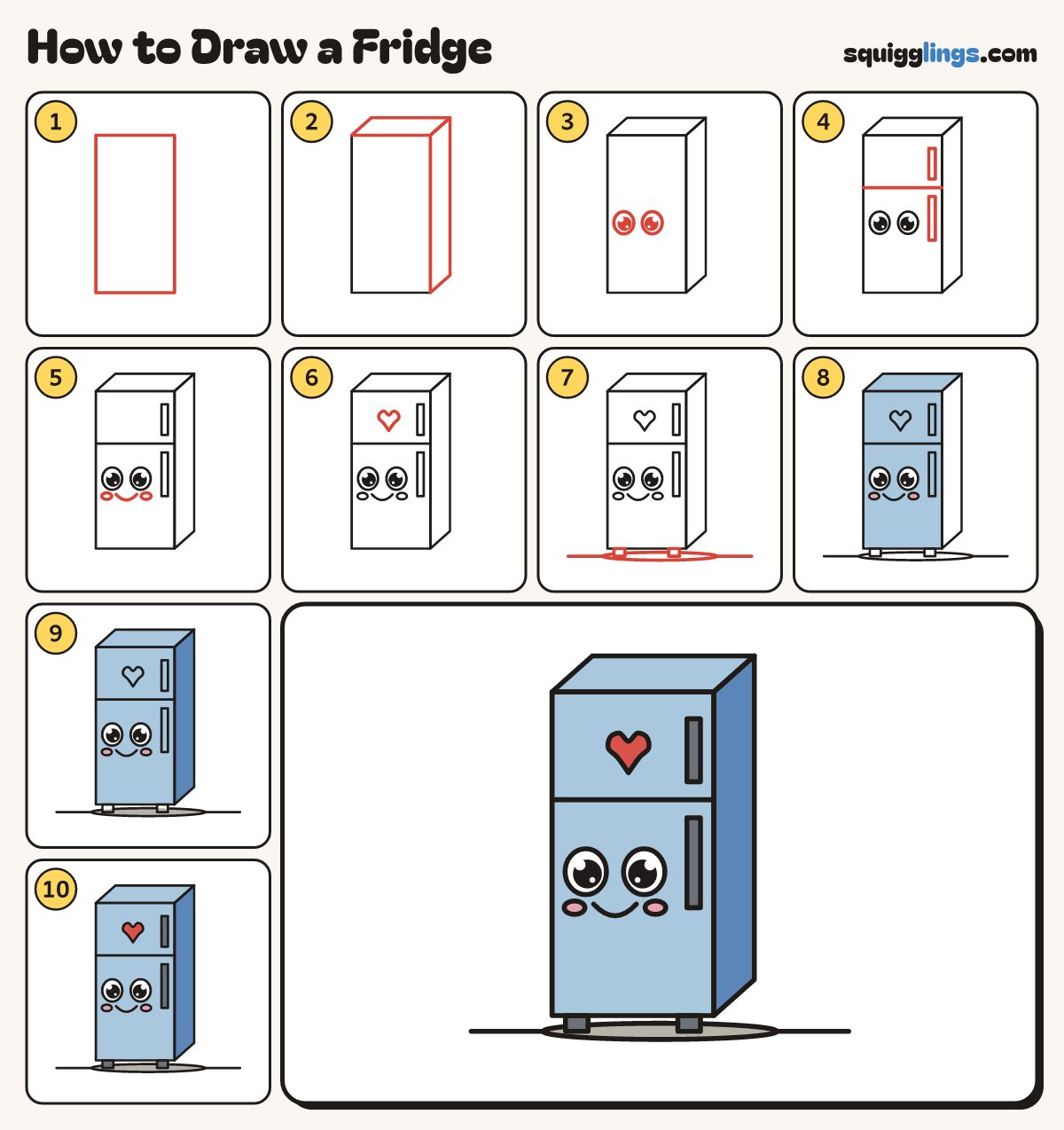 How to Draw a Fridge step by step: all 10 steps in one picture
