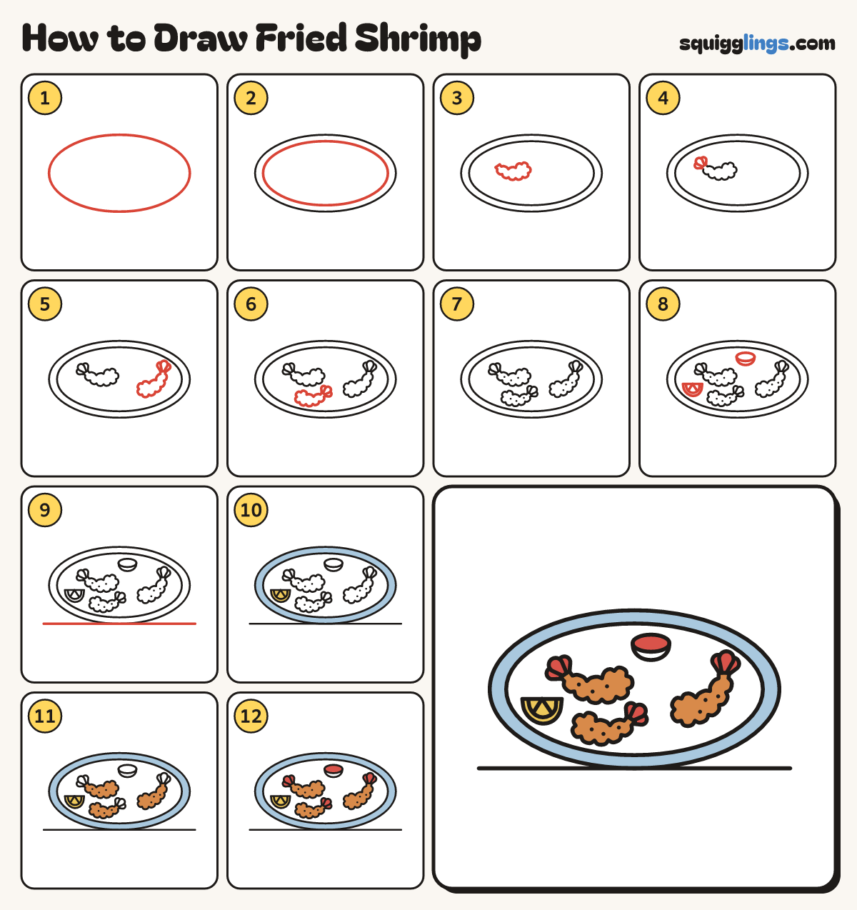 How to Draw Fried Shrimp step by step: all 12 steps in one picture
