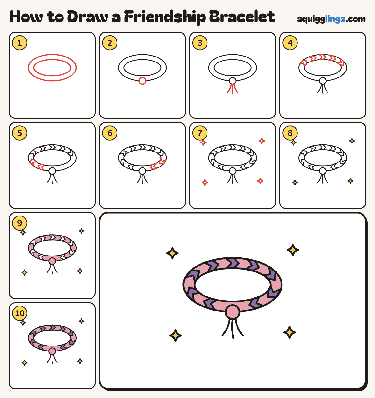 How to Draw a Friendship Bracelet step by step: all 10 steps in one picture