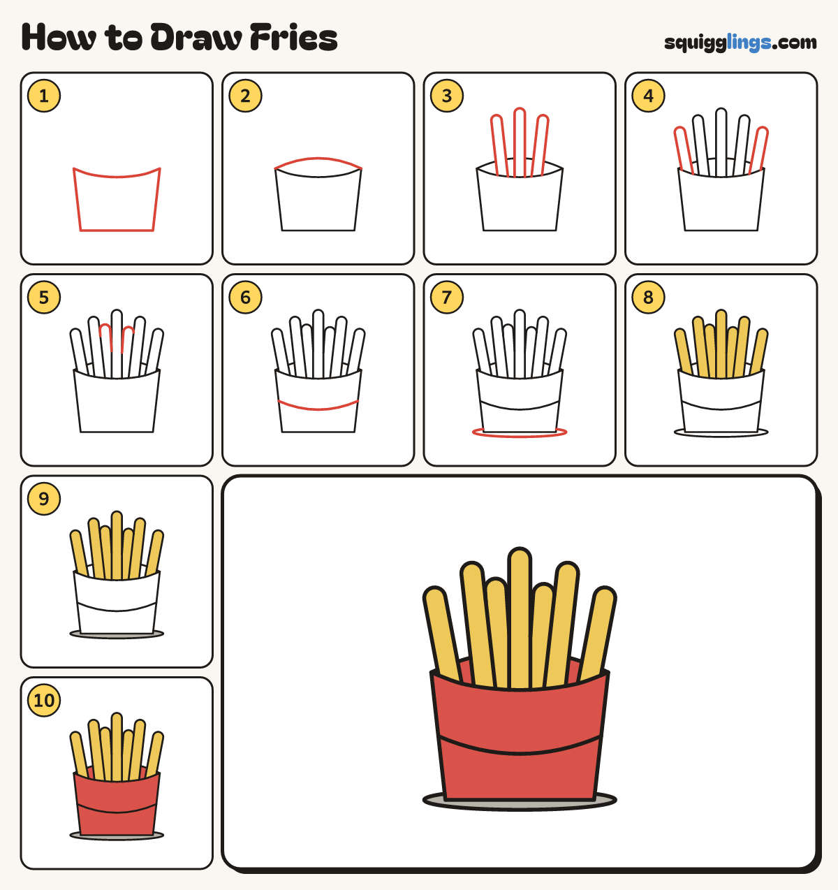 How to Draw Fries step by step: all 10 steps in one picture