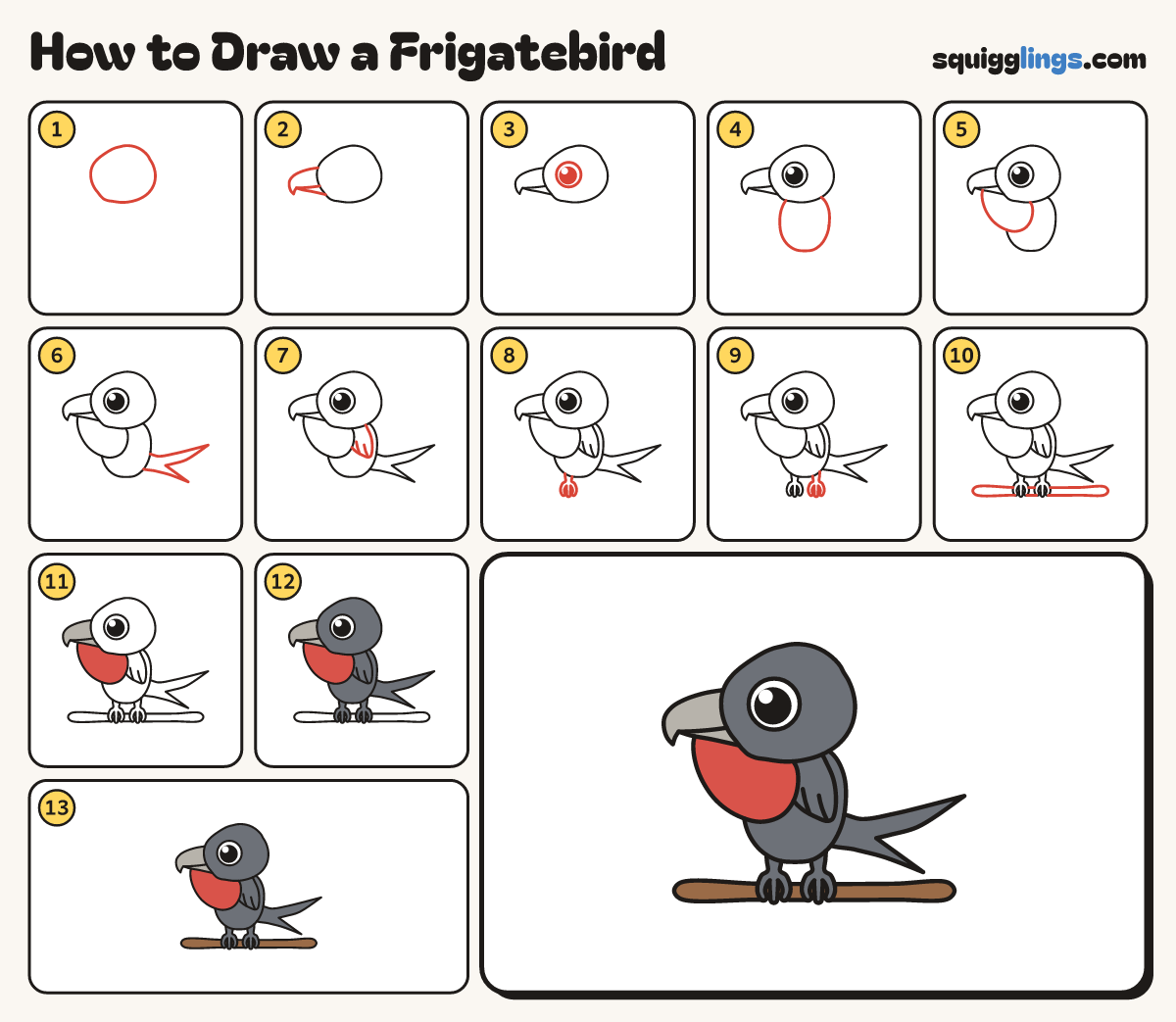 How to Draw a Frigatebird step by step: all 13 steps in one picture