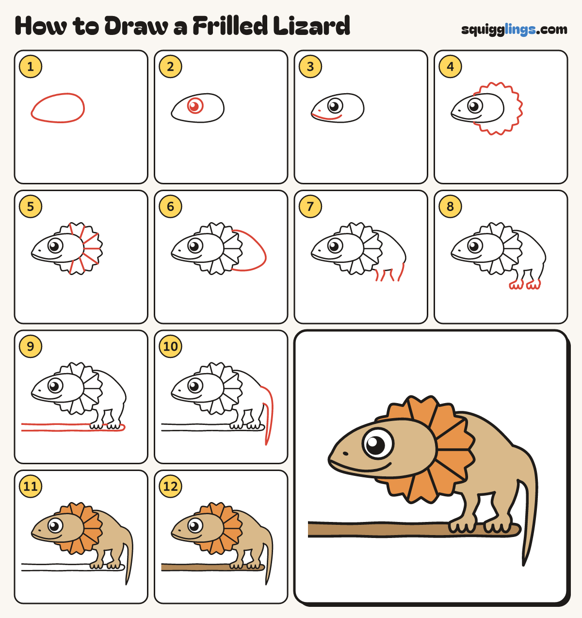How to Draw a Frilled Lizard step by step: all 12 steps in one picture
