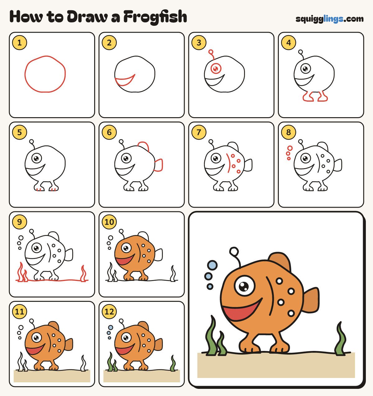 How to Draw a Frogfish step by step: all 12 steps in one picture