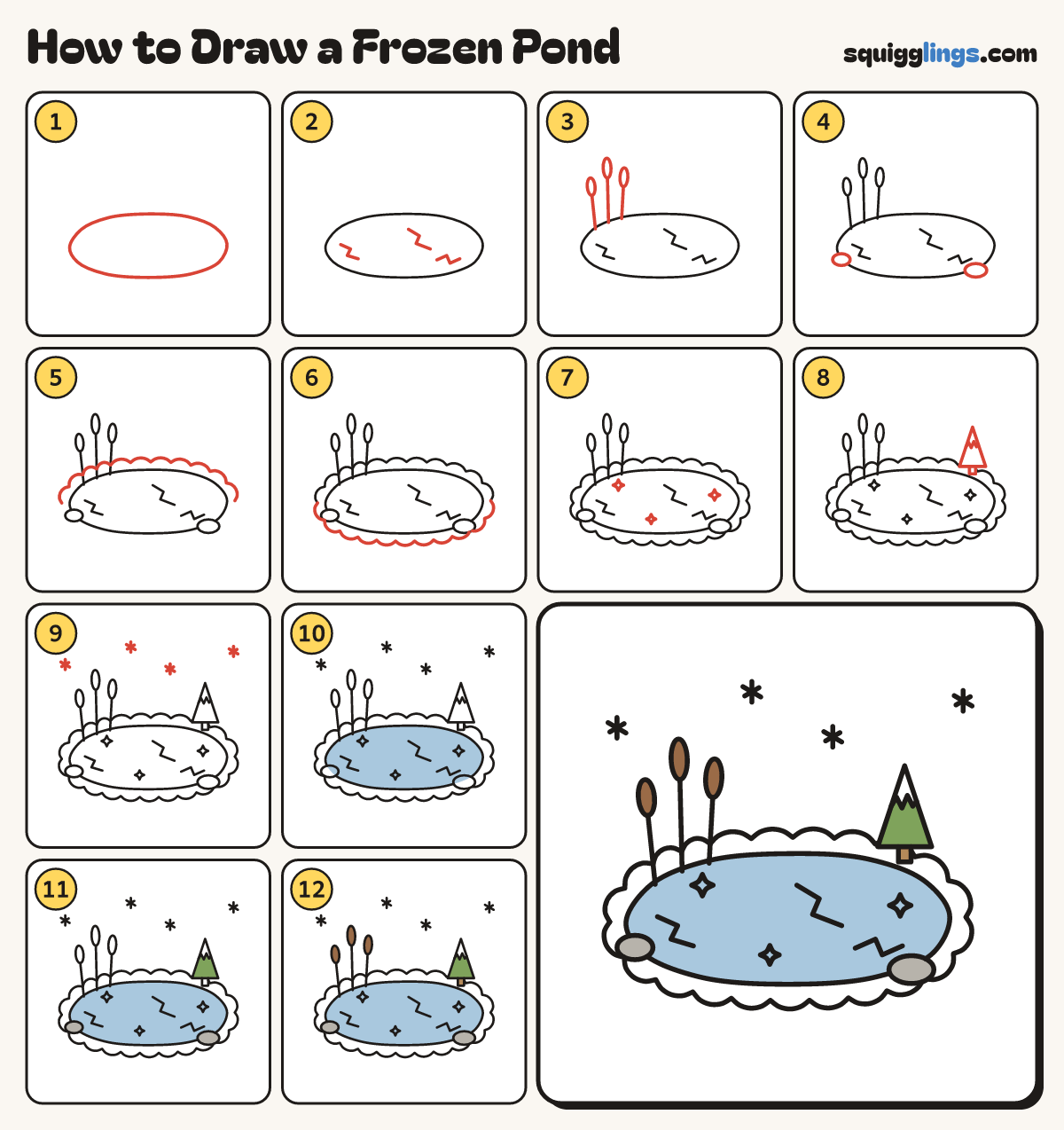 How to Draw a Frozen Pond step by step: all 12 steps in one picture