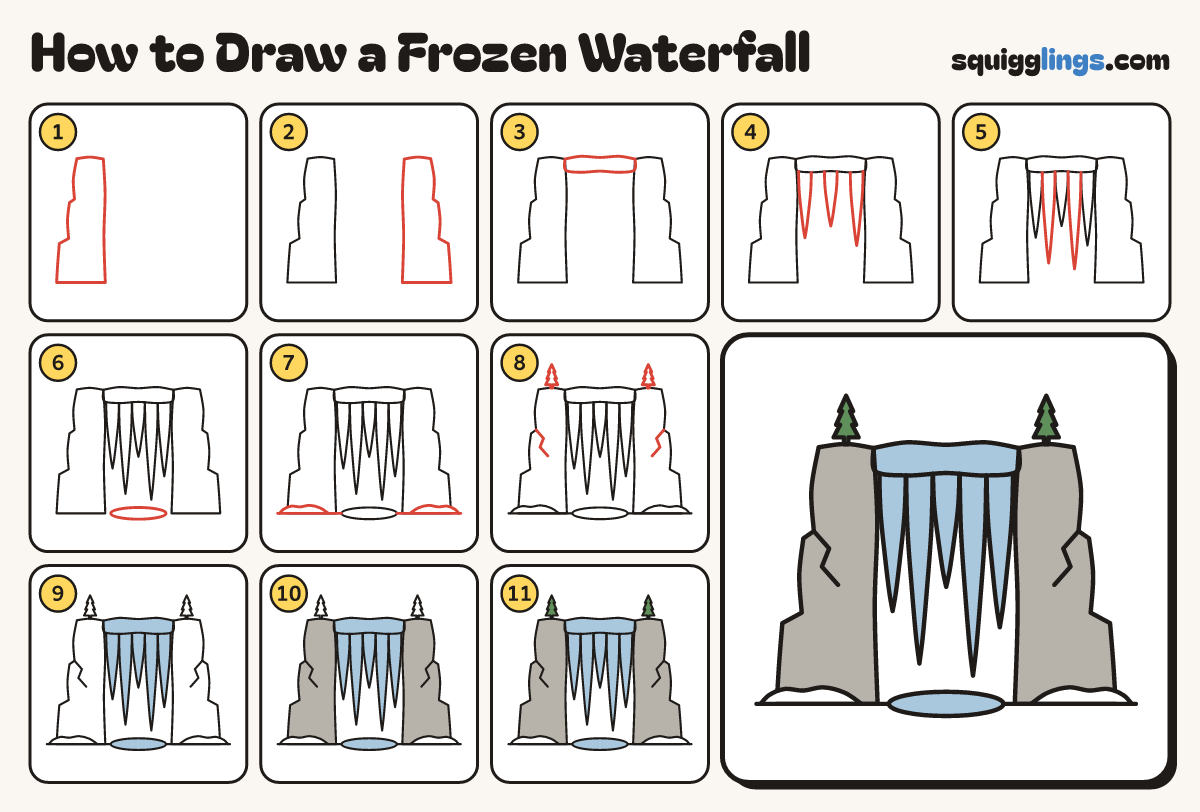 How to Draw a Frozen Waterfall step by step: all 11 steps in one picture