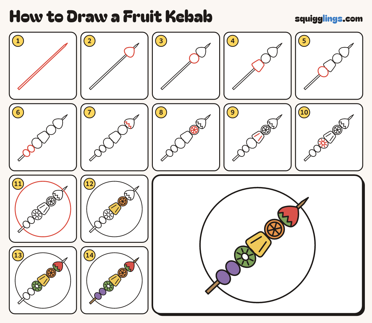 How to Draw a Fruit Kebab step by step: all 14 steps in one picture