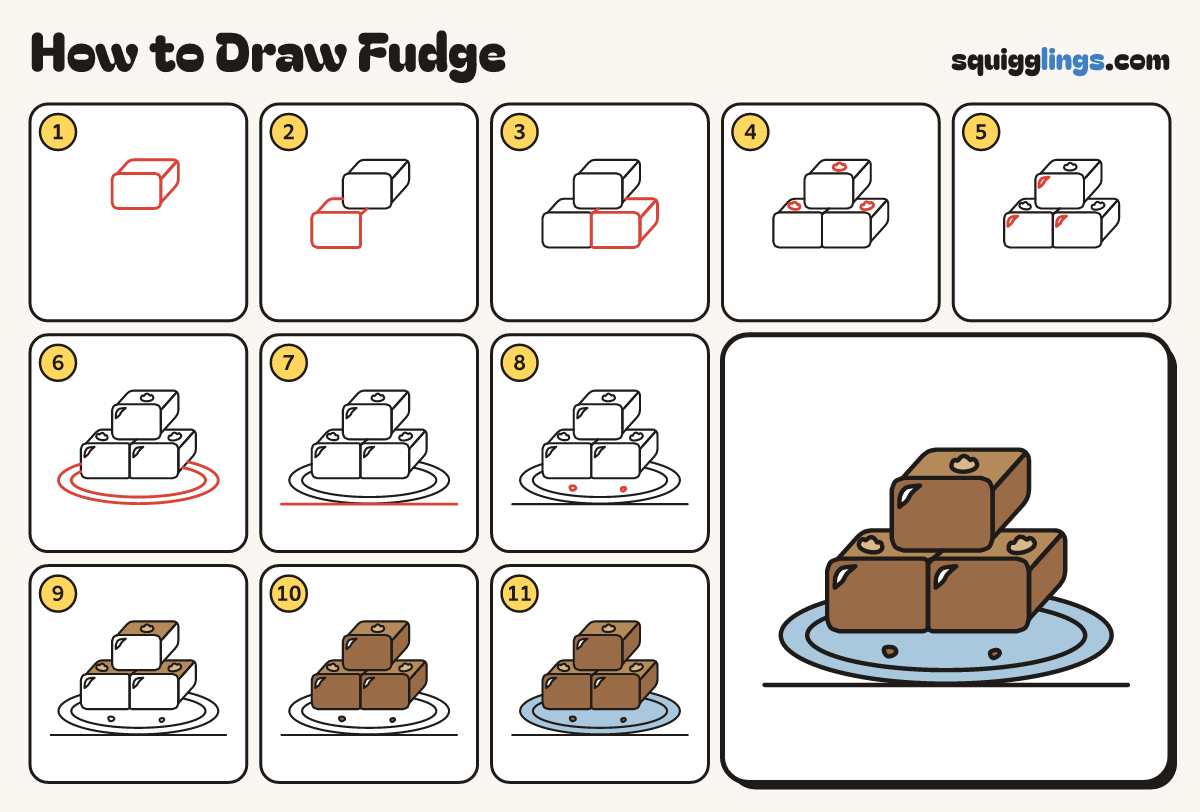 How to Draw Fudge step by step: all 11 steps in one picture
