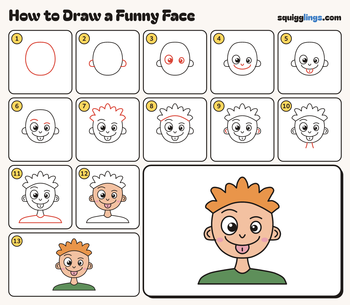 How to Draw a Funny Face step by step: all 13 steps in one picture