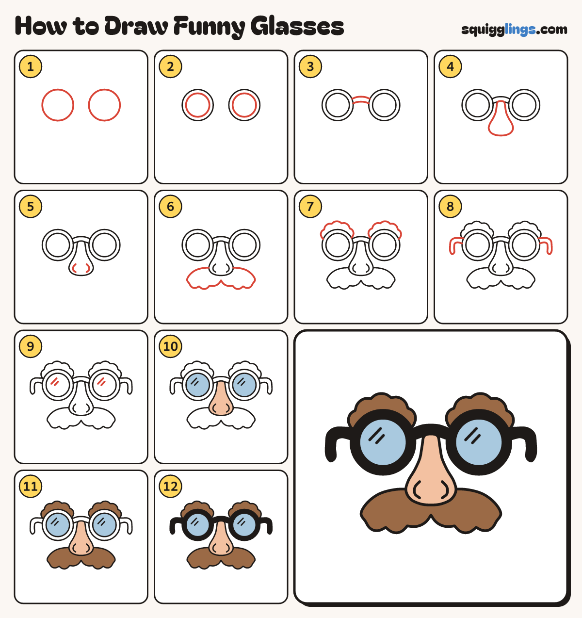 How to Draw Funny Glasses step by step: all 12 steps in one picture