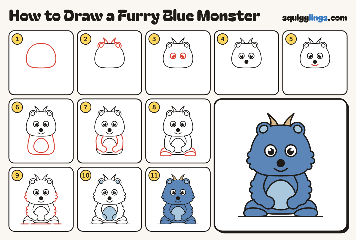 How to Draw a Furry Blue Monster step by step: all 11 steps in one picture