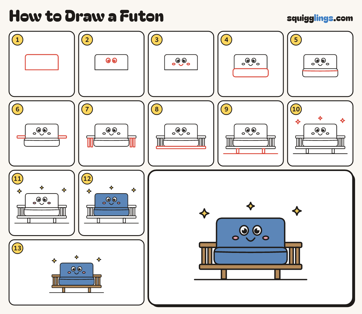 How to Draw a Futon step by step: all 13 steps in one picture