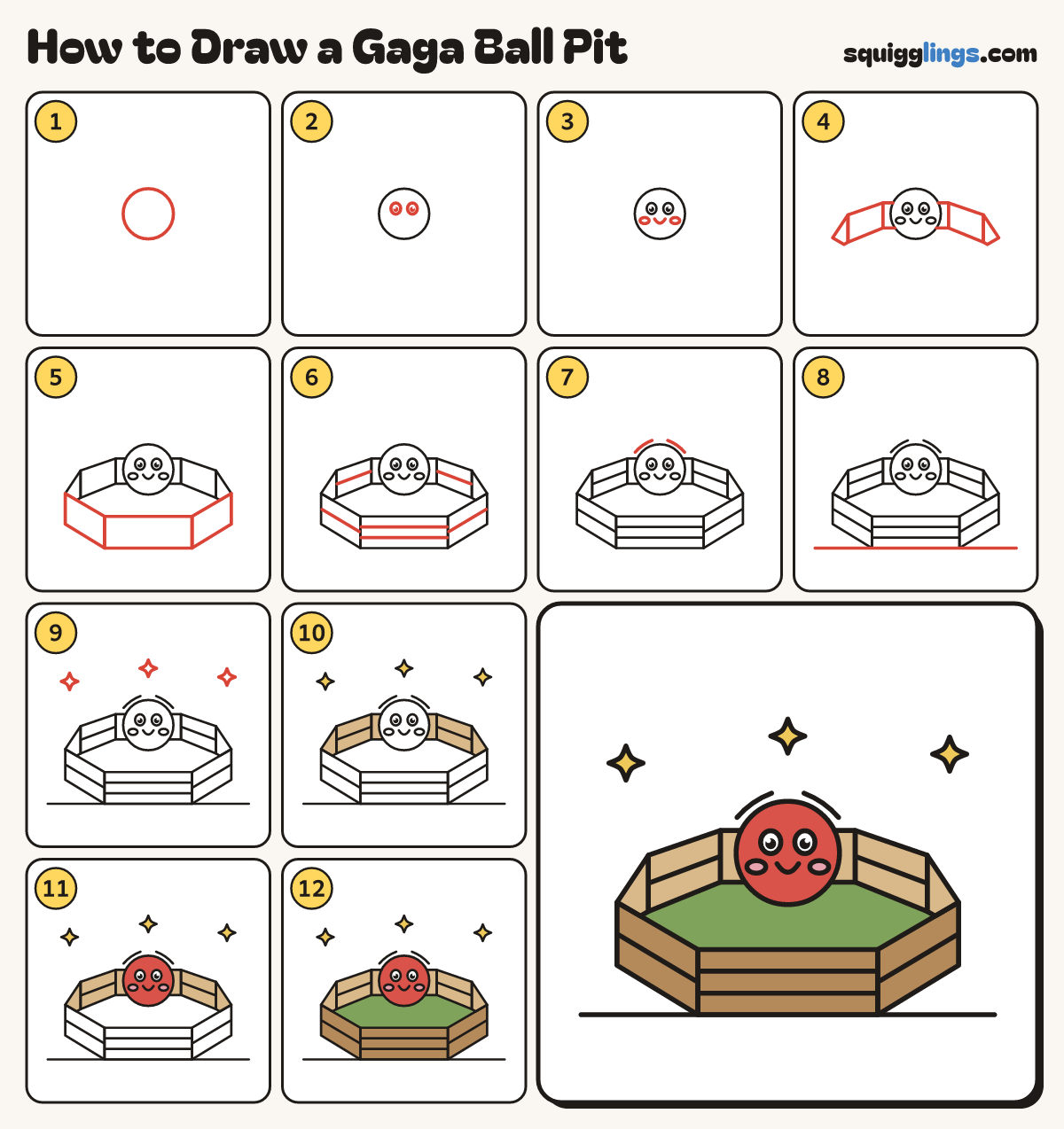 How to Draw a Gaga Ball Pit step by step: all 12 steps in one picture