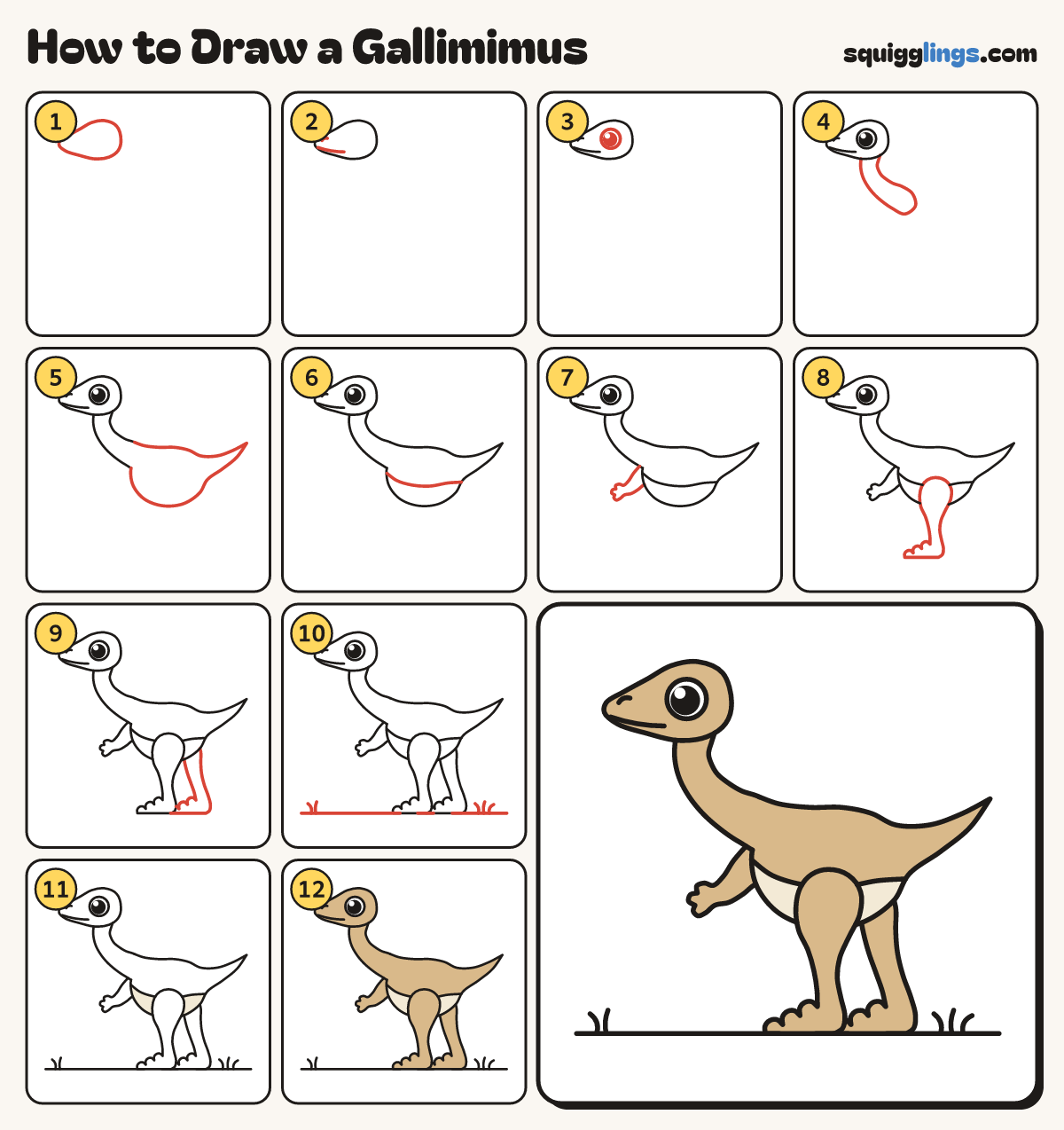 How to Draw a Gallimimus step by step: all 12 steps in one picture