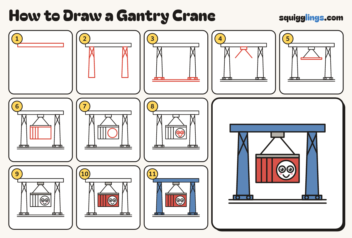 How to Draw a Gantry Crane step by step: all 11 steps in one picture