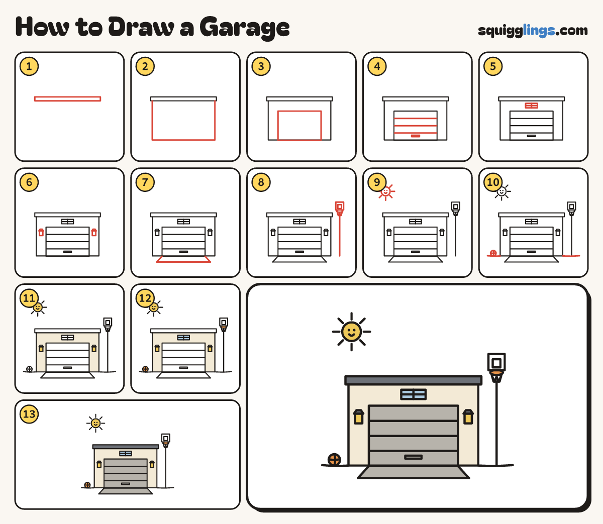 How to Draw a Garage step by step: all 13 steps in one picture