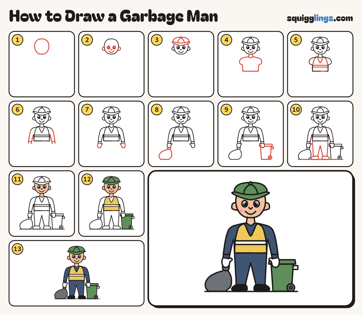How to Draw a Garbage Man step by step: all 13 steps in one picture