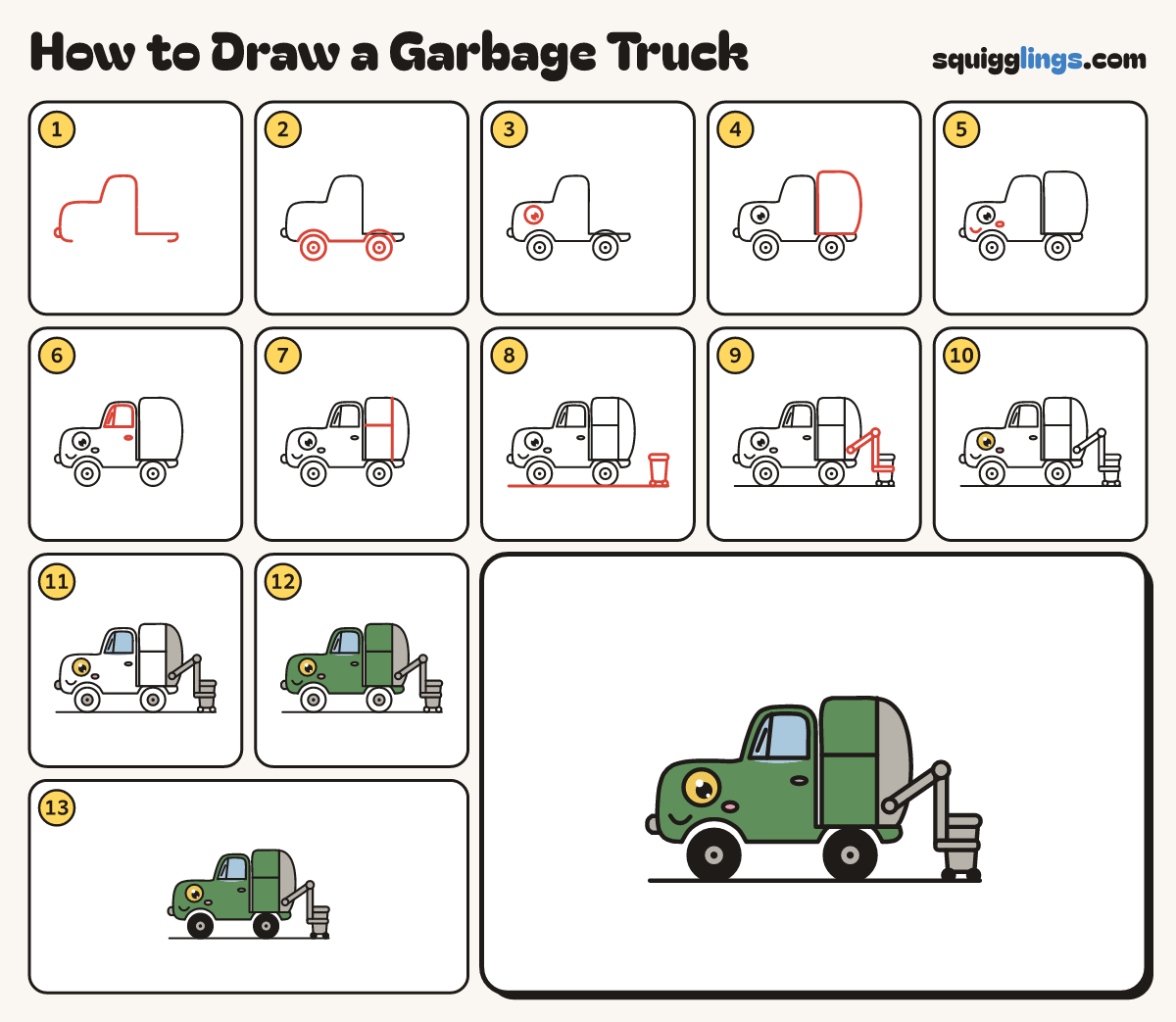 How to Draw a Garbage Truck step by step: all 13 steps in one picture